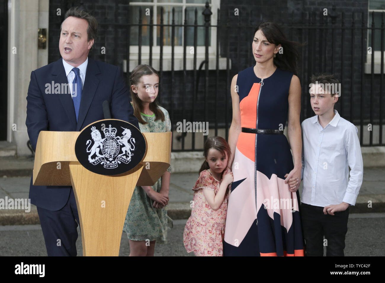 British Prime Minister David Cameron delivers his resignation speech accompanied by his family before the new Prime Minister Teresa May enters No.10 Downing St in Westminster, London July 13, 2016.       Photo by Hugo Philpott/UPI Stock Photo