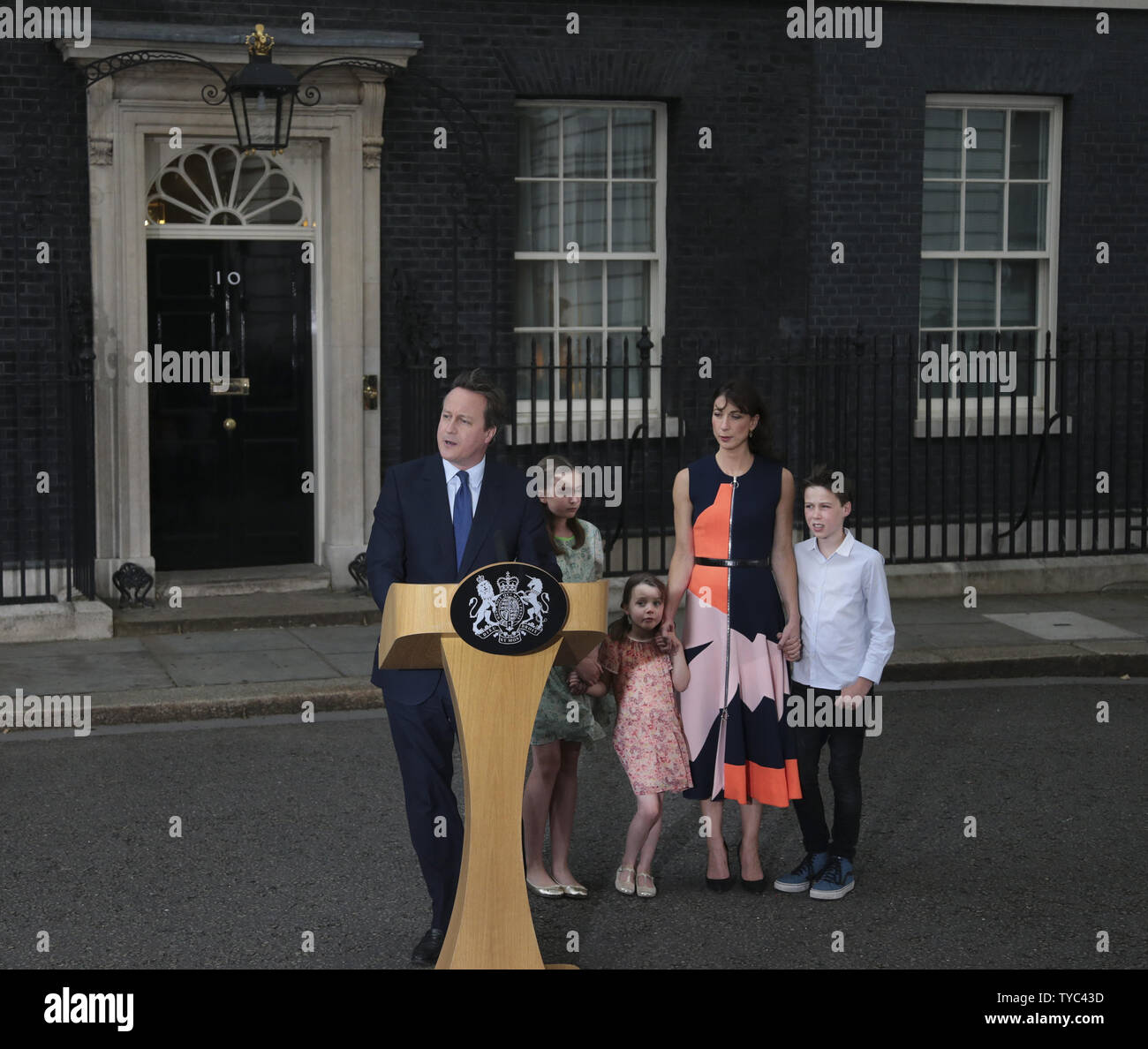 British Prime Minister David Cameron delivers his resignation speech accompanied by his family before the new Prime Minister Teresa May enters No.10 Downing St in Westminster, London July 13, 2016.       Photo by Hugo Philpott/UPI Stock Photo