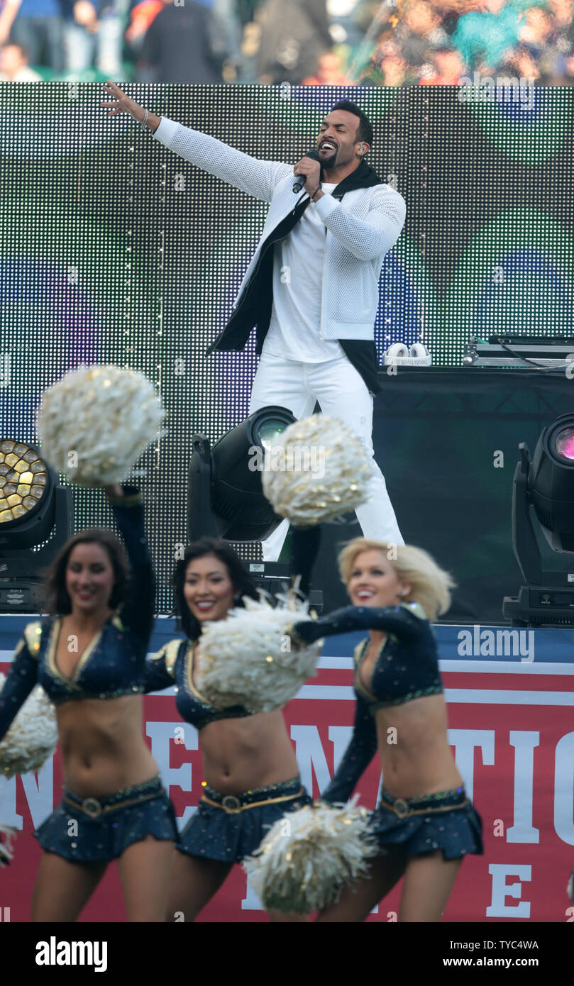 British singer Craig David sings in the prematch entertainment before the Los Angeles Rams vs the New York Giants at Twickenham Stadium, London on October 23, 2016.New York Giants won the game by 17-10.      Photo by Hugo Philpott/UPI. Stock Photo