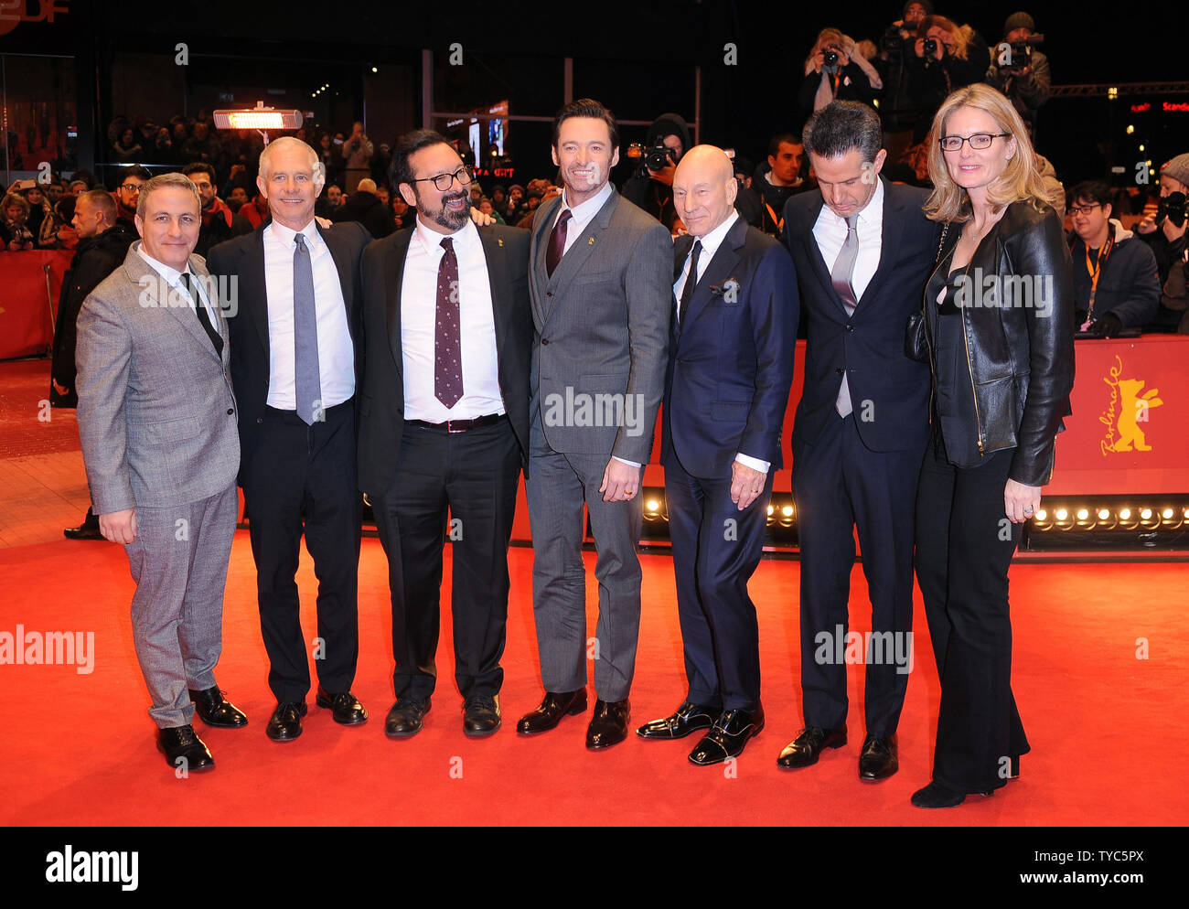 American producer Hutch Parker, American director James Mangold, Australian actor Hugh Jackman, British actress Dafne Keen, British actor Patrick Stewart and British producer Simon Kinberg attend the premiere for Logan at the Grand Hyatt Hotel in Berlin on February 17, 2017. Photo by Paul Treadway/ UPI Stock Photo