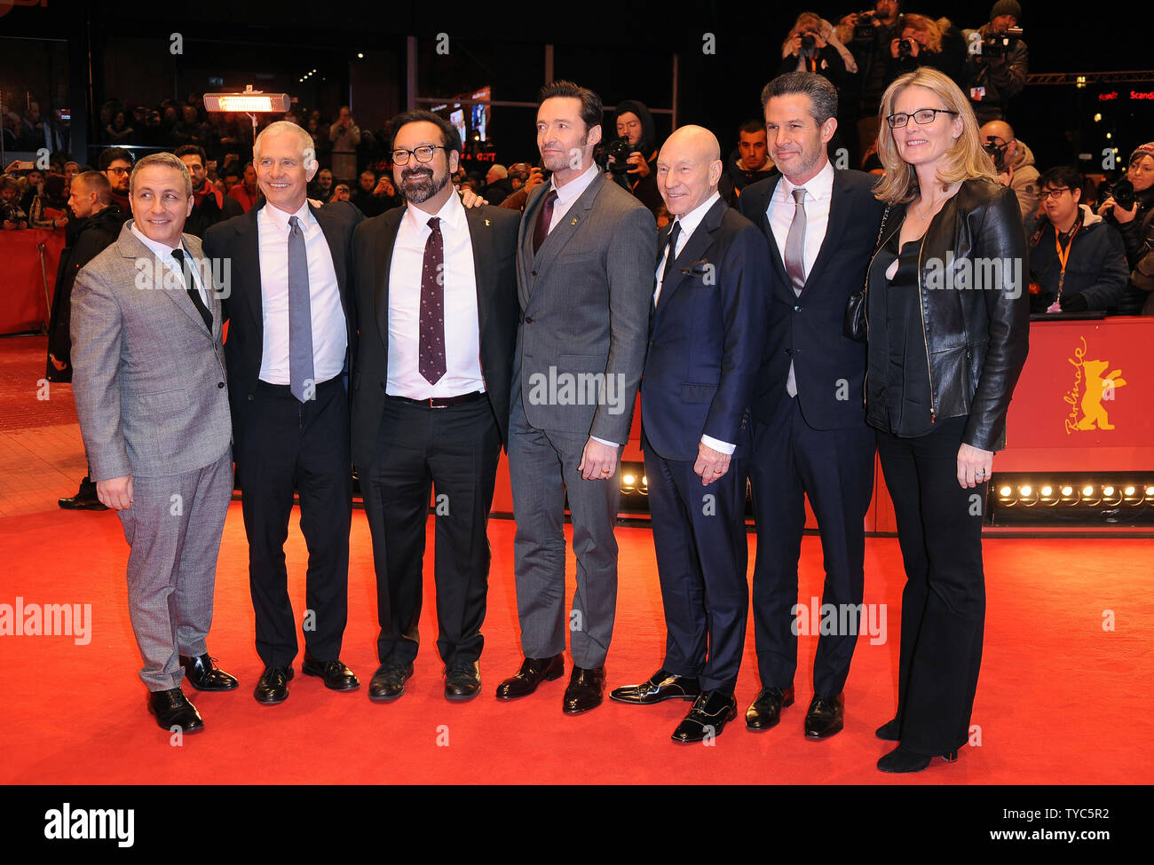 American producer Hutch Parker, American director James Mangold, Australian actor Hugh Jackman, British actor Patrick Stewart and British producer Simon Kinberg attend the premiere for Logan at the Grand Hyatt Hotel in Berlin on February 17, 2017. Photo by Paul Treadway/ UPI Stock Photo