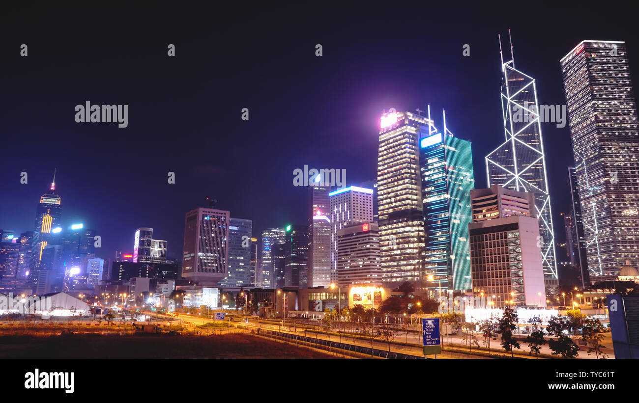 Hong Kong island’s skyline at night, shot from Central Pier. Stock Photo