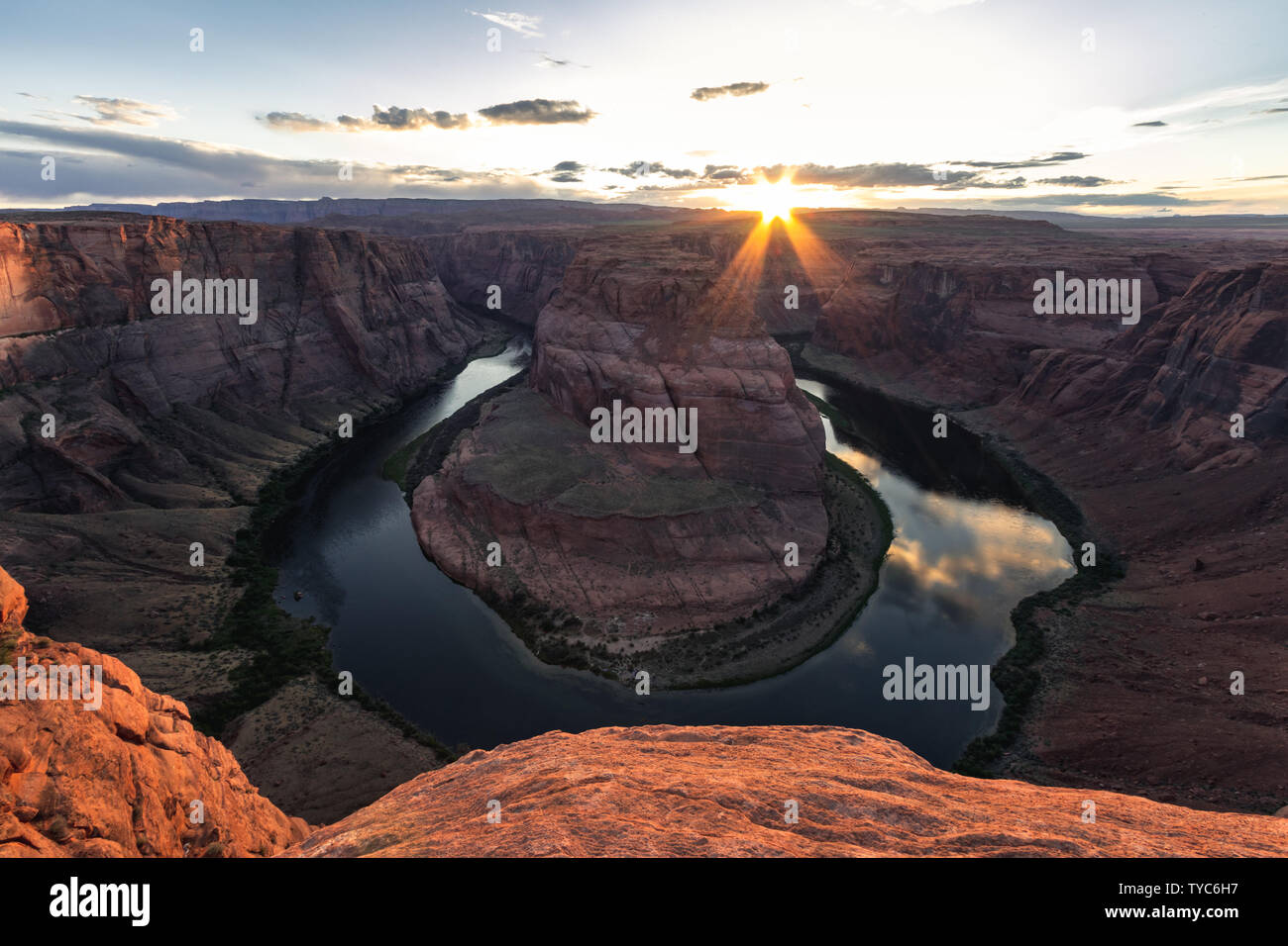 Horseshoe Bend is a horseshoe-shaped incised meander of the Colorado River located near the town of Page, Arizona, United States. It is very popular p Stock Photo