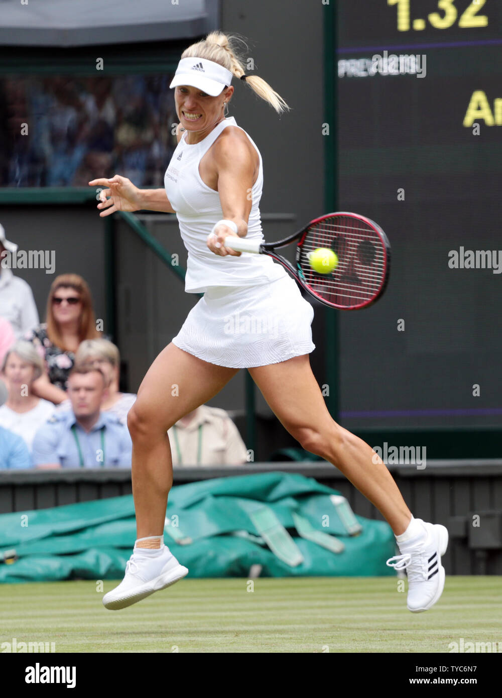 Germany's Angelique Kerber plays a forehand in her match against American Irina Falconi on day Two of the 2017 Wimbledon championships, London on July 4, 2017.     Photo by Hugo Philpott/UPI Stock Photo