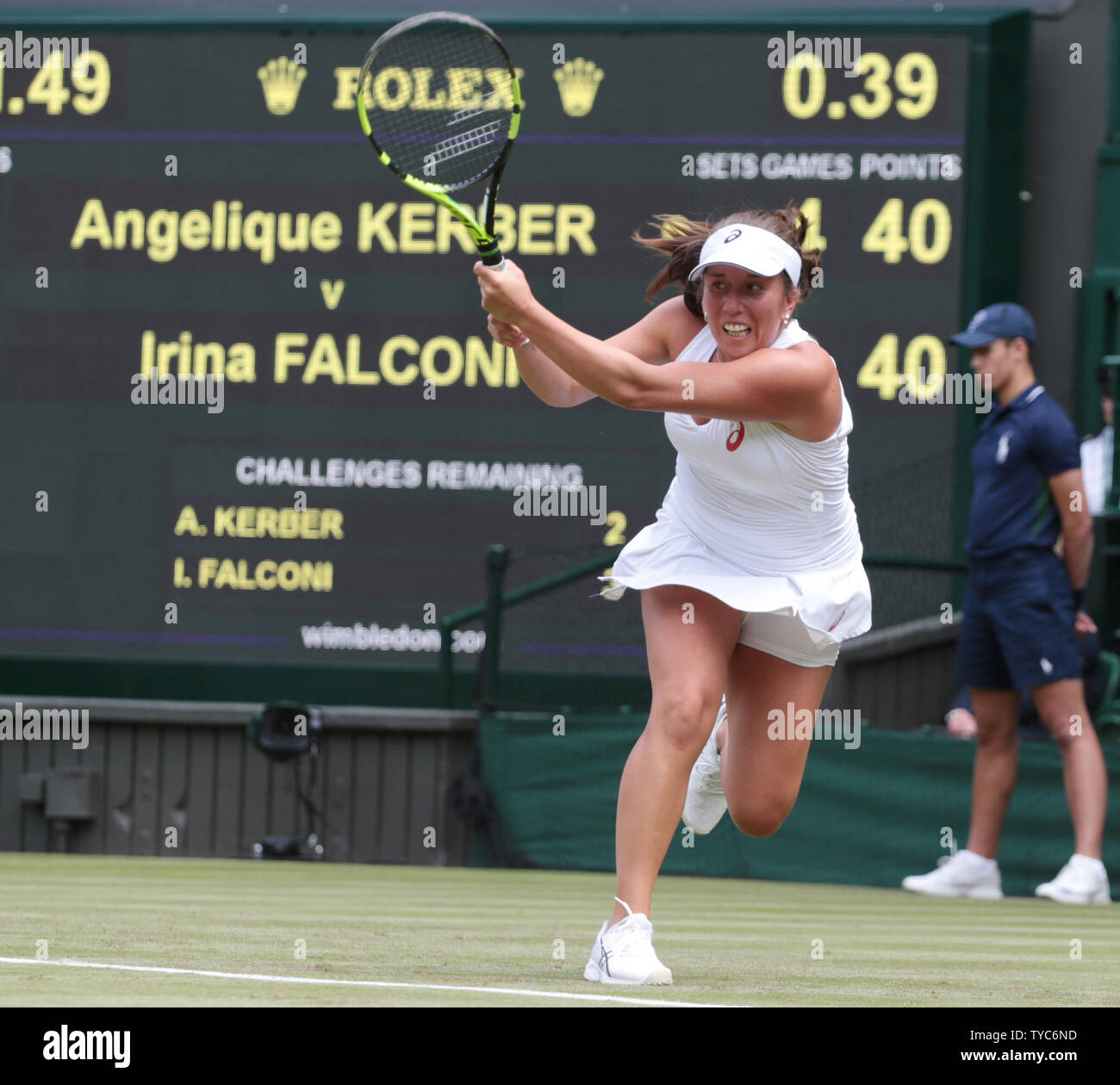 American Irina Falconi plays a backhand in her match against Germany's Angelique Kerber on day Two of the 2017 Wimbledon championships, London on July 4, 2017.     Photo by Hugo Philpott/UPI Stock Photo