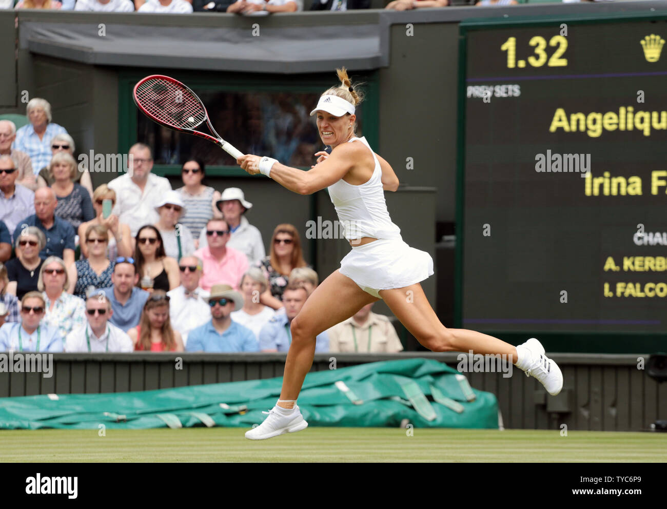 Germany's Angelique Kerber plays a forehand in her match against American Irina Falconi on day Two of the 2017 Wimbledon championships, London on July 4, 2017.     Photo by Hugo Philpott/UPI Stock Photo