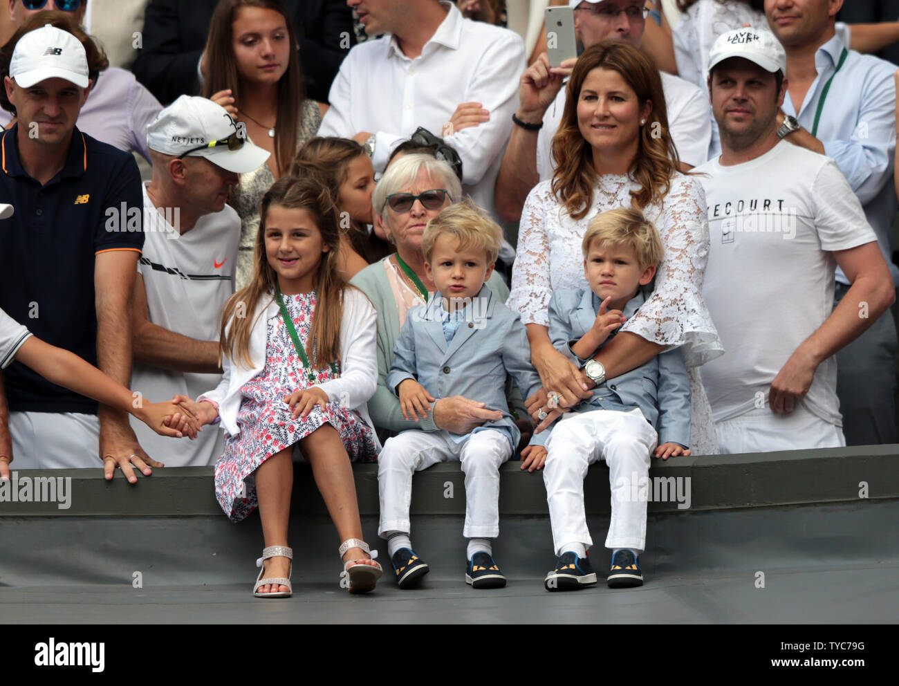 Swiss Roger Federer's family occupies the players box after Roger Federer won the Wimbledon Singles trophy beating Croat Marin Cilic at the 2017 Wimbledon championships, London on July 16, 2017. Federer beat Cilic 6-3, 6-1, 6-4, to win his eighth Wimbledon Men's Singles Final.     Photo by Hugo Philpott/UPI Stock Photo