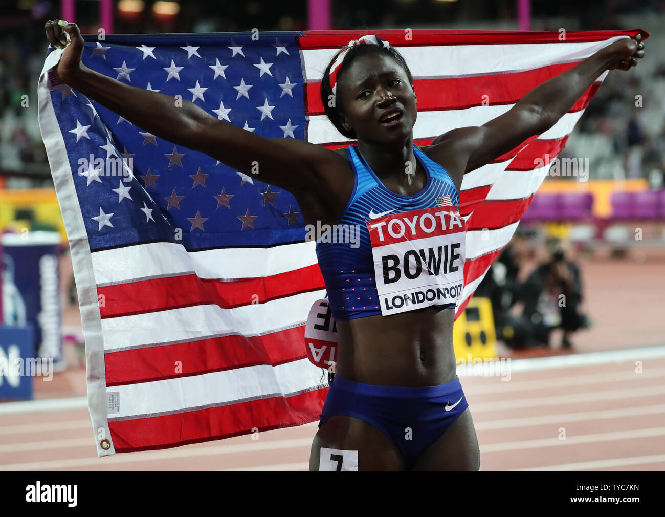American Tori Bowie celebrates her win in the Women's 100 meters final beating Olympic champion