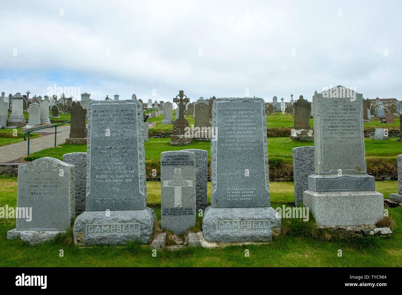 Graveyard in Lerwick Shetland with mixture of old and new head stones Stock Photo
