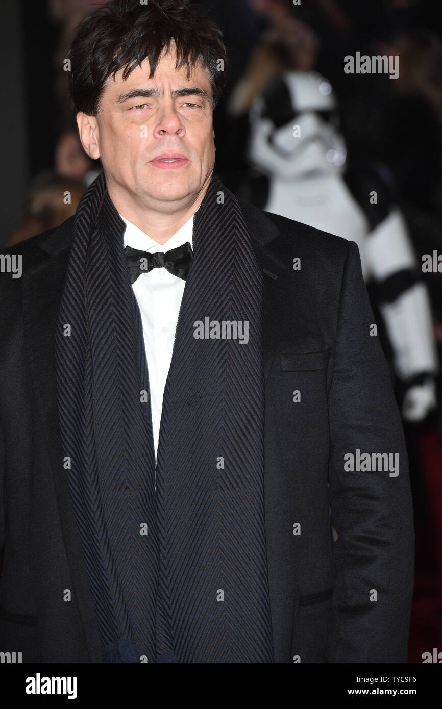 American actor Benicio Del Toro attends the premiere of Star Wars: The Last Jedi at Royal Albert Hall in London on December 12, 2017. Photo by Rune Hellestad/ UPI Stock Photo
