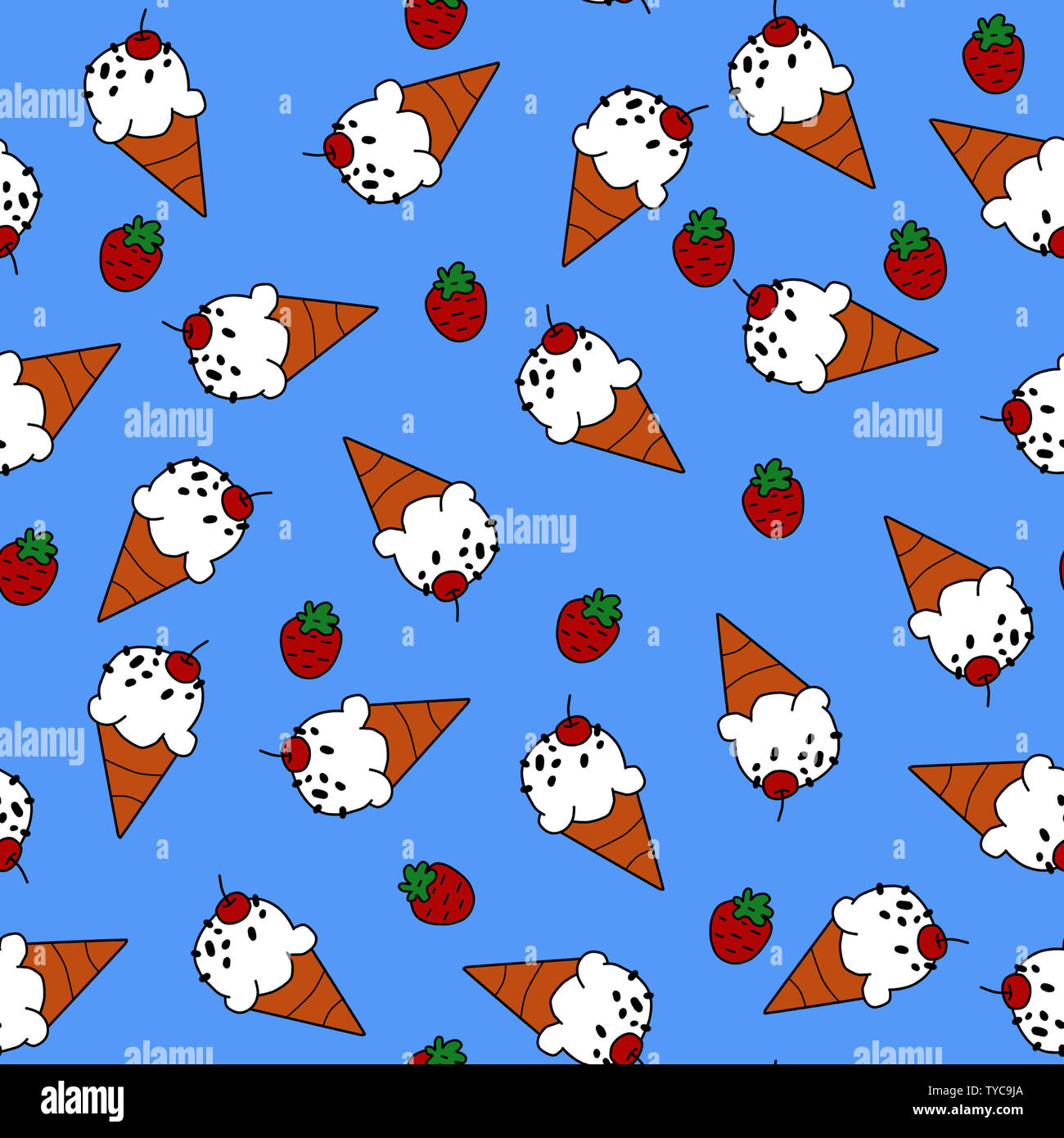 Ice cream cone and red strawberry on blue background seamless pattern ...