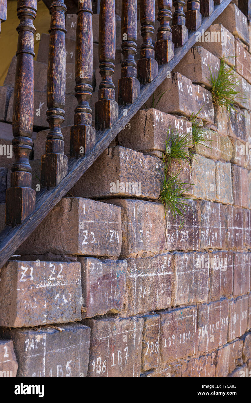 Inca stone wall marked for dismantling with stones numbered for rebuilding, Cusco, Peru, South America, Stock Photo