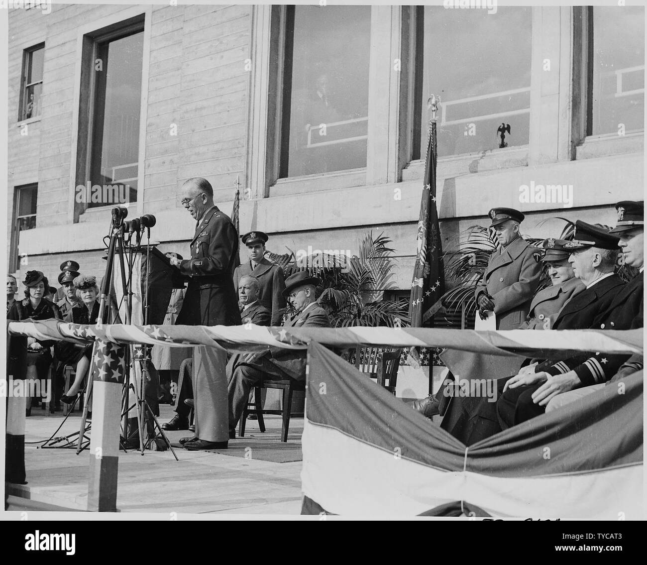 Photograph of General George C. Marshall speaking in the Pentagon Court during a ceremony at which he received a medal from President Truman, on the occasion of his retirement as Army Chief of Staff. Stock Photo