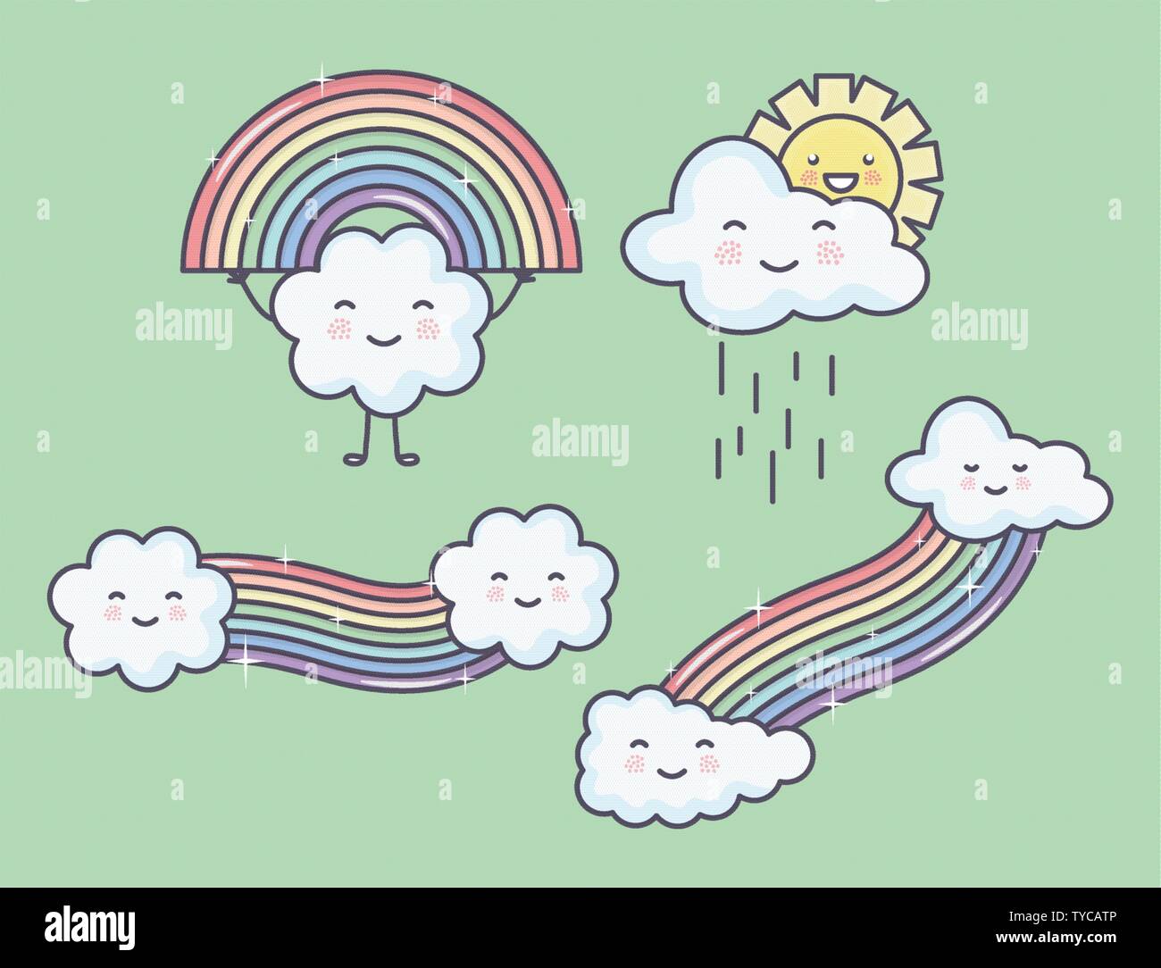 clouds sky with rainbow and sun kawaii characters vector illustration ...