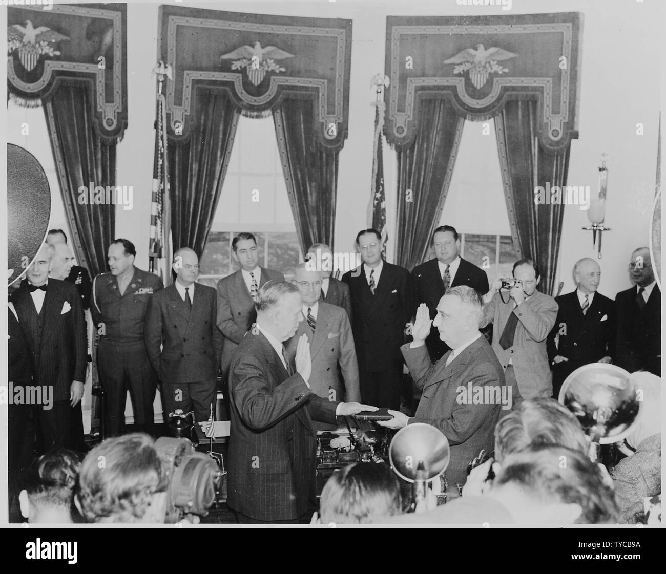 Photograph of George C. Marshall being sworn in as Secretary of State