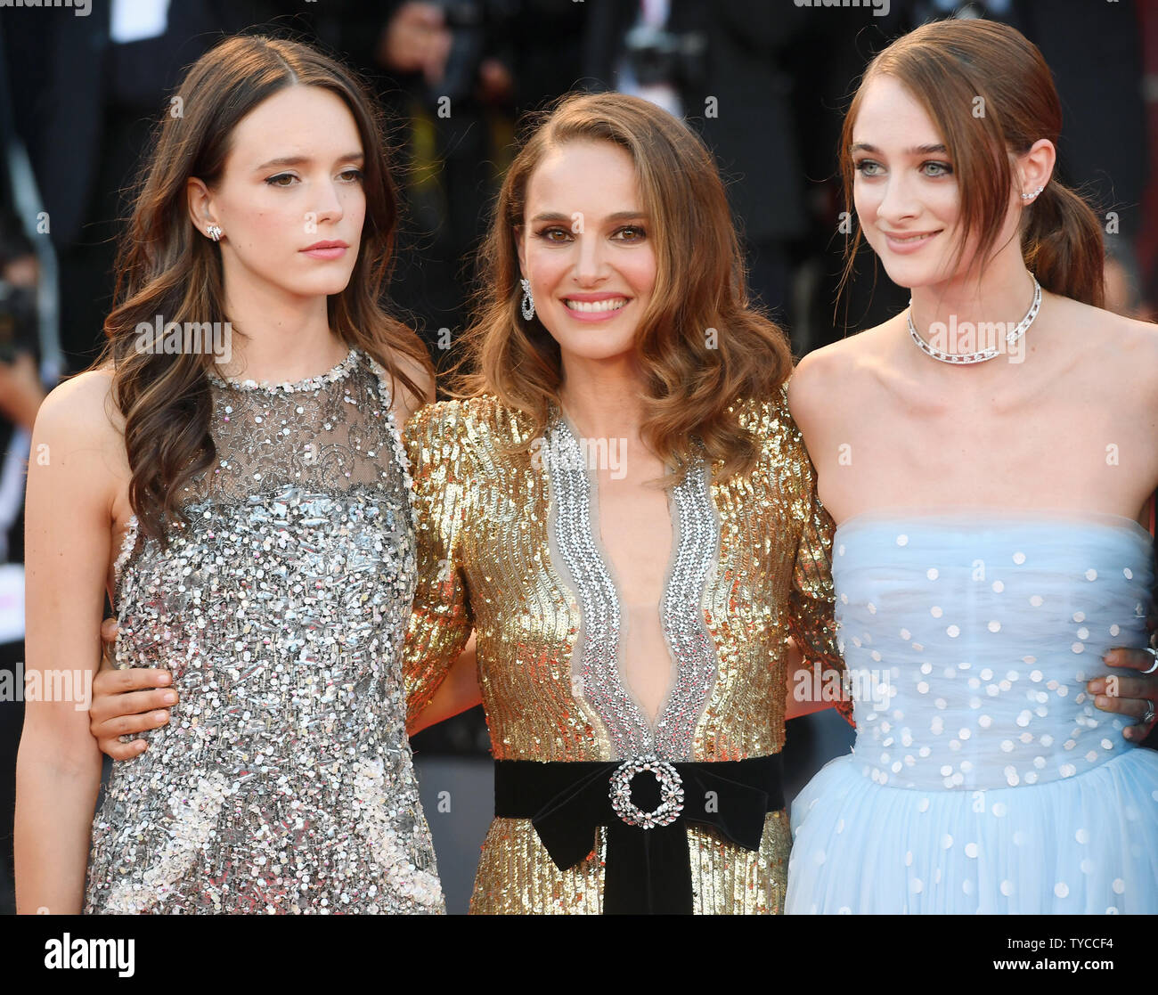 British actresses Raffey Cassidy and Stacy Martin and American actress Natalie Portman attend the premiere of Vox Lux at the 75th Venice Film Festival on September 4, 2018. Photo by Rune Hellestad/UPI Stock Photo