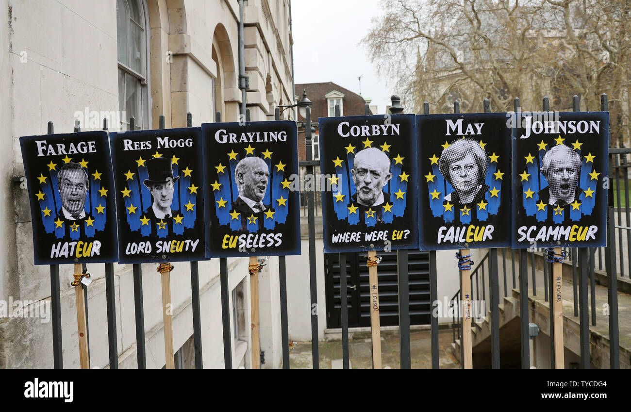 Placards of leading figures in the Brexit crisis are displayed outside the Houses of Parliament in London, April 03, 2019. Mrs May is due to have talks with the Leader of the opposition Jeremy Corbyn to give her a chance of securing a Brexit deal before April 12th or the United Kingdom will crash out of the European Union without a deal.            Photo by Hugo Philpott/UPI Stock Photo