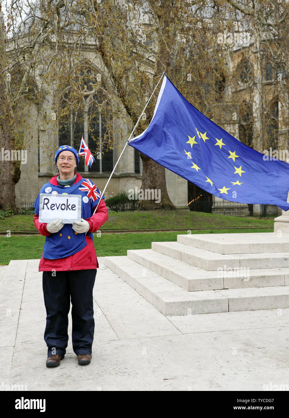 A Remain supporter stands alone outside the Houses of Parliament in London, April 03, 2019. Mrs May is due to have talks with the Leader of the opposition Jeremy Corbyn to give her a chance of securing a Brexit deal before April 12th or the United Kingdom will crash out of the European Union without a deal.            Photo by Hugo Philpott/UPI Stock Photo