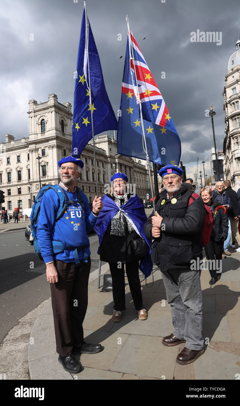 Brexit protestors campaign outside the Houses of Parliament in London, April 03, 2019. Theresa May is due to have talks with the Leader of the opposition Jeremy Corbyn to give her a chance of securing a Brexit deal before April 12th or the United Kingdom will crash out of the European Union without a deal.            Photo by Hugo Philpott/UPI Stock Photo