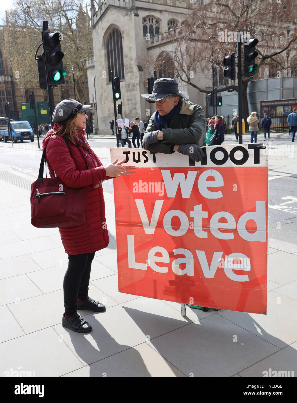 Brexit protestors campaign outside the Houses of Parliament in London, April 03, 2019. Theresa May is due to have talks with the Leader of the opposition Jeremy Corbyn to give her a chance of securing a Brexit deal before April 12th or the United Kingdom will crash out of the European Union without a deal.            Photo by Hugo Philpott/UPI Stock Photo