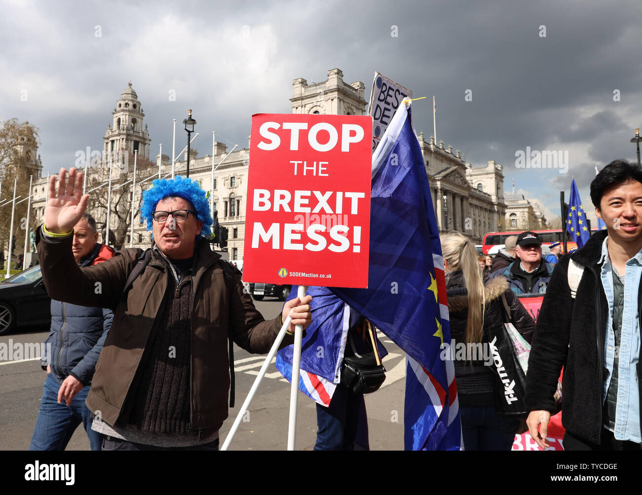 Brexit protestors campaign outside the Houses of Parliament in London, April 03, 2019. Theresa May is due to have talks with the Leader of the opposition Jeremy Corbyn to give her a chance of securing a Brexit deal before April 12th or the United Kingdom will crash out of the European Union without a deal.            Photo by Hugo Philpott/UPI Stock Photo