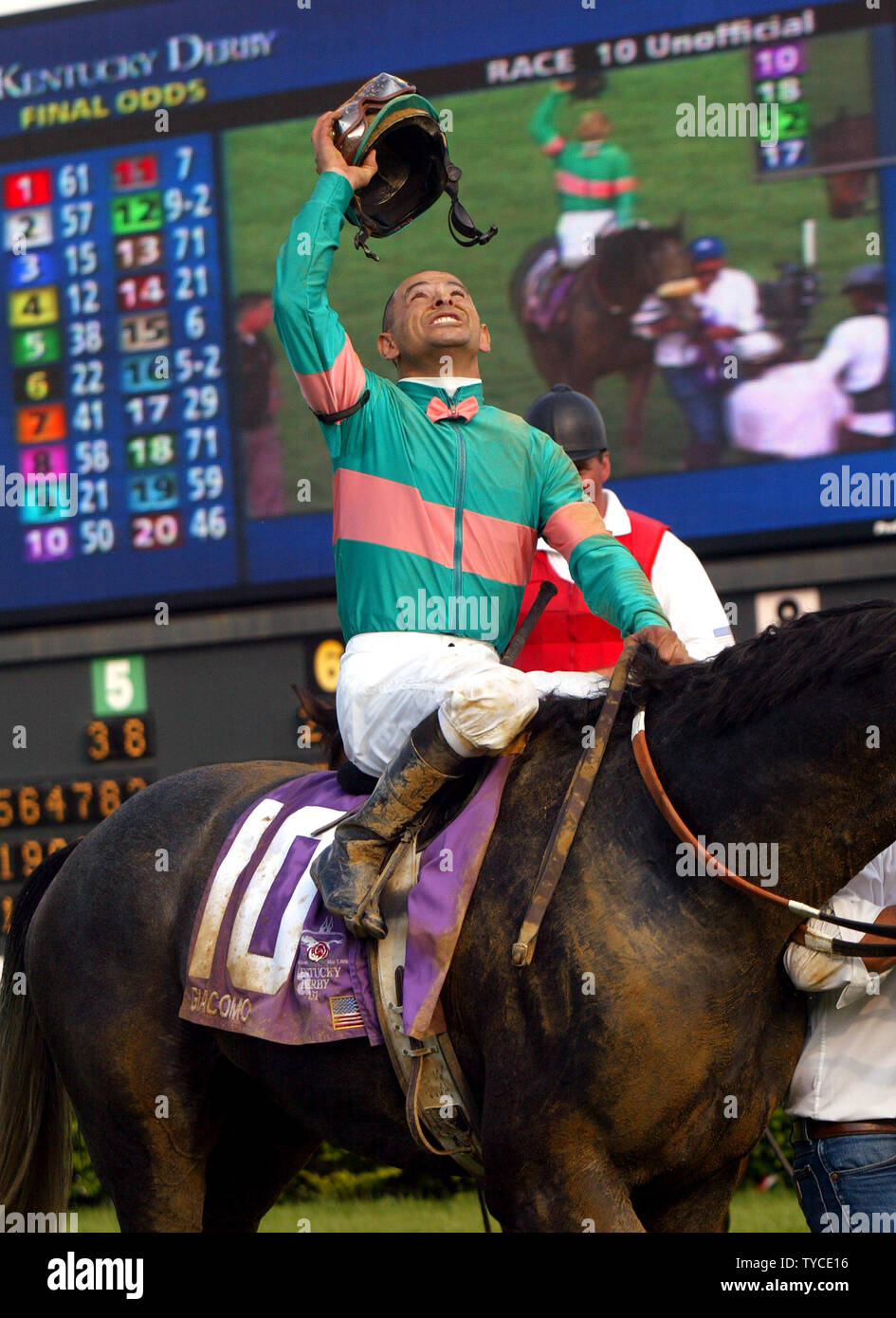 Jockey Mike Smith, aboard Giacomo, celebrates after winning the 131st running of the Kentucky Derby in Louisville, KY on May 7, 2005. Giacomo started the race a 50-1 long shot and was Smith's first Derby win.   (UPI Photo/Frank Polich) Stock Photo