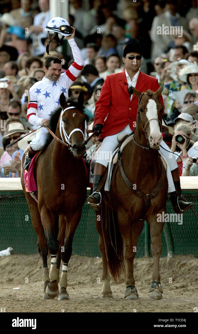 Big Brown, with jockey Kent Desormeaux (L) celebrates winning the 134th running of the Kentucky Derby at Churchill Downs in Louisville, Kentucky on May 3, 2008. (UPI Photo/Mark Cowan) Stock Photo