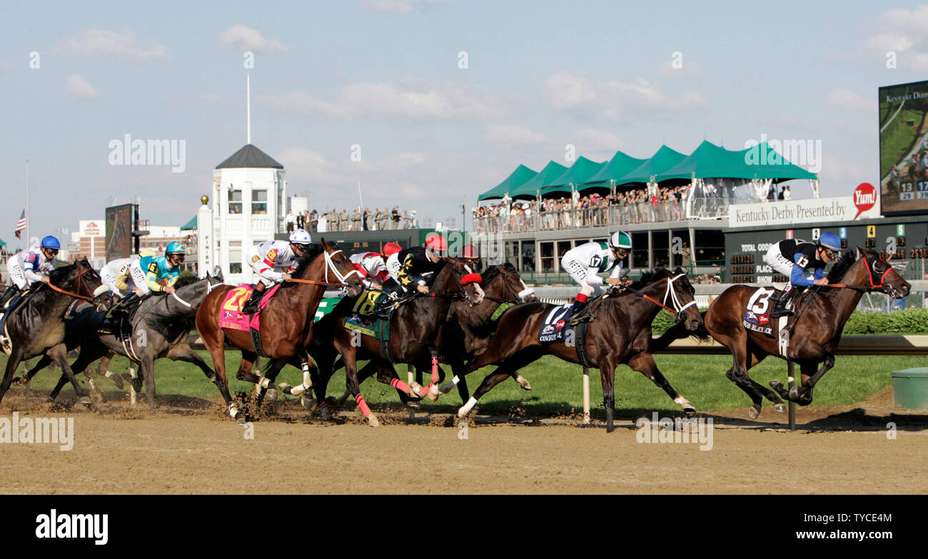 The field heads into turn one at the start of the 134th running of the Kentucky Derby at Churchill Downs in Louisville, on May 3, 2008. (UPI Photo/Mark Cowan) Stock Photo