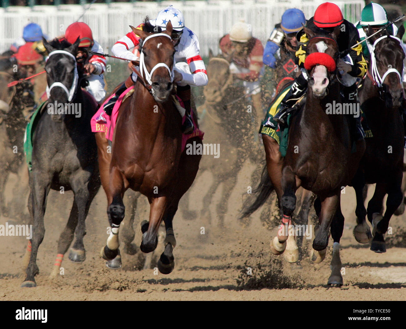 Big Brown, with jockey Kent Desormeaux up (C) leads the pack around the final turn en route to winning the 134th running of the Kentucky Derby at Churchill Downs in Louisville, Kentucky on May 3, 2008. (UPI Photo/Frank Polich) Stock Photo