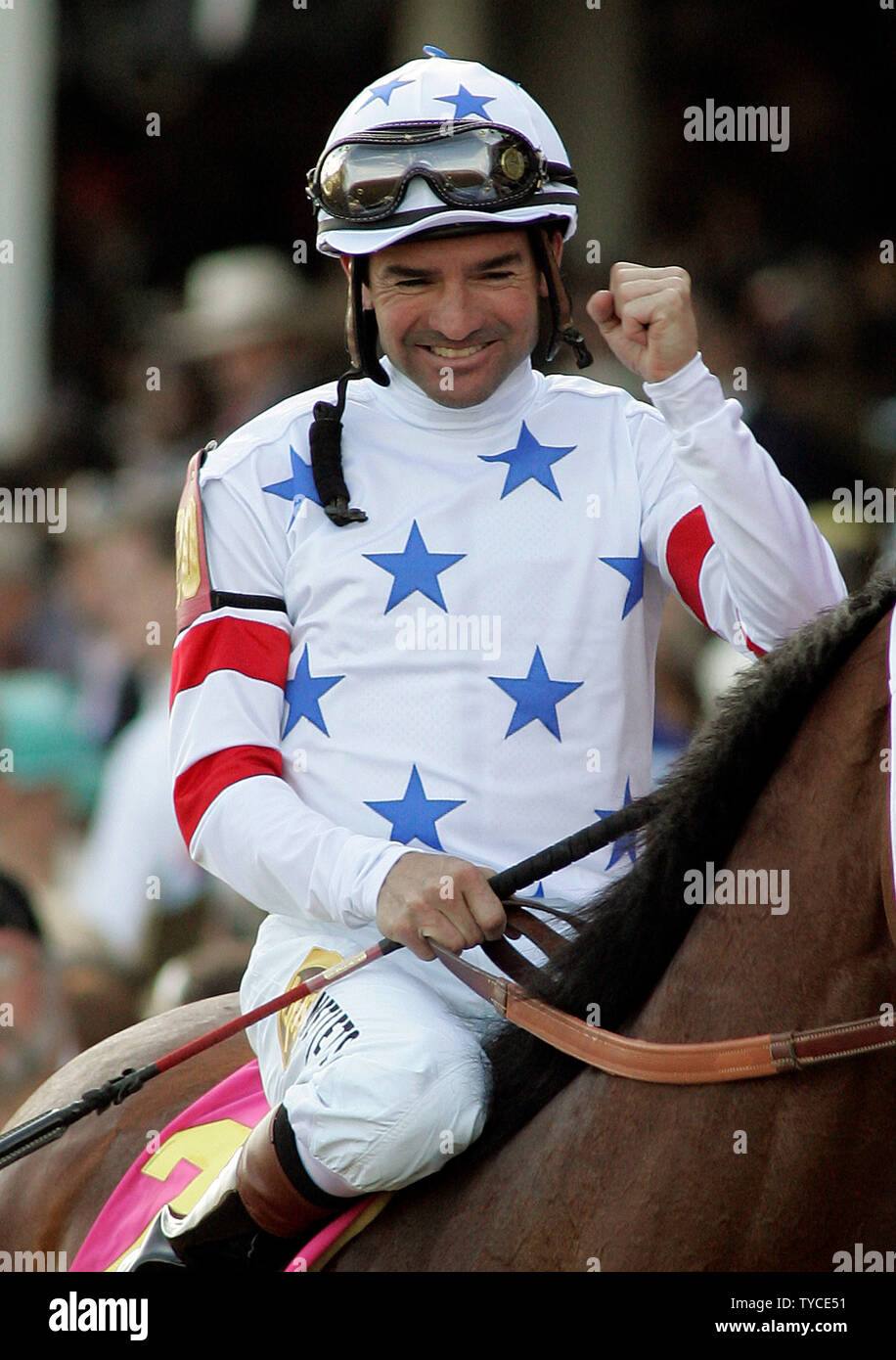 Kent Desormeaux aboard Big Brown, celebrates winning the 134th running of the Kentucky Derby at Churchill Downs in Louisville, Kentucky on May 3, 2008. (UPI Photo/Frank Polich) Stock Photo