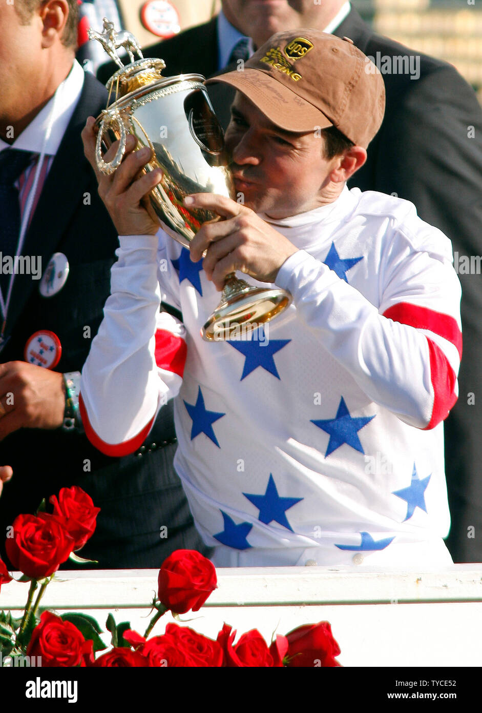 Kent Desormeaux, jockey for winning horse Big Brown, kisses the trophy after winning the 134th running of the Kentucky Derby at Churchill Downs in Louisville, Kentucky on May 3, 2008. (UPI Photo/Frank Polich) Stock Photo