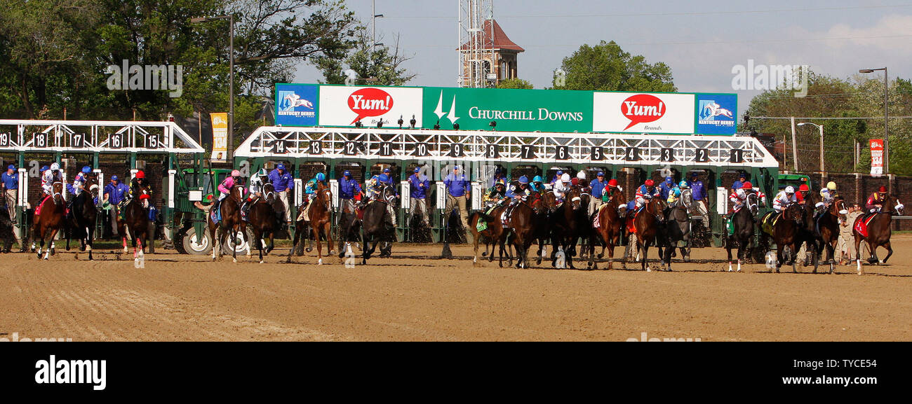 The field for the 134th running of the Kentucky Derby breaks from the starting gate at Churchill Downs on May 3, 2008 in Louisville, Kentucky.  (UPI Photo/Frank Polich) Stock Photo