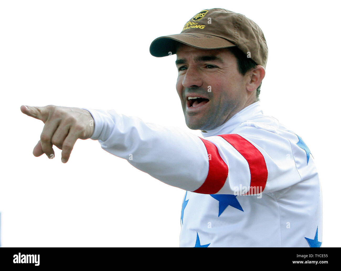 Kent Desormeaux, jockey for Big Brown, points to the crowd after winning the 134th running of the Kentucky Derby at Churchill Downs on May 3, 2008 in Louisville, Kentucky. (UPI Photo/Frank Polich) Stock Photo