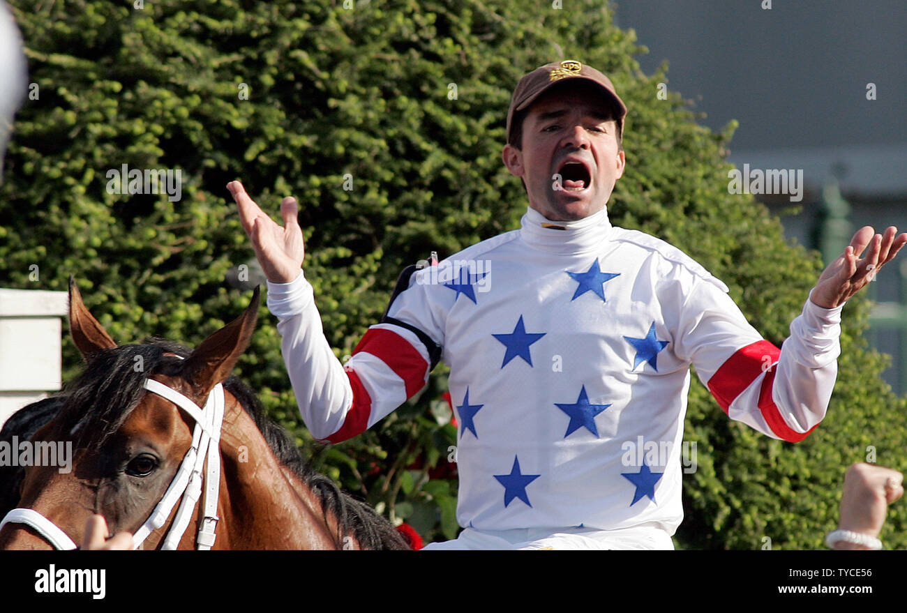 Kent Desormeaux, aboard Big Brown, reacts after winning the 134th running of the Kentucky Derby at Churchill Downs on May 3, 2008 in Louisville, Kentucky. (UPI Photo/Frank Polich) Stock Photo