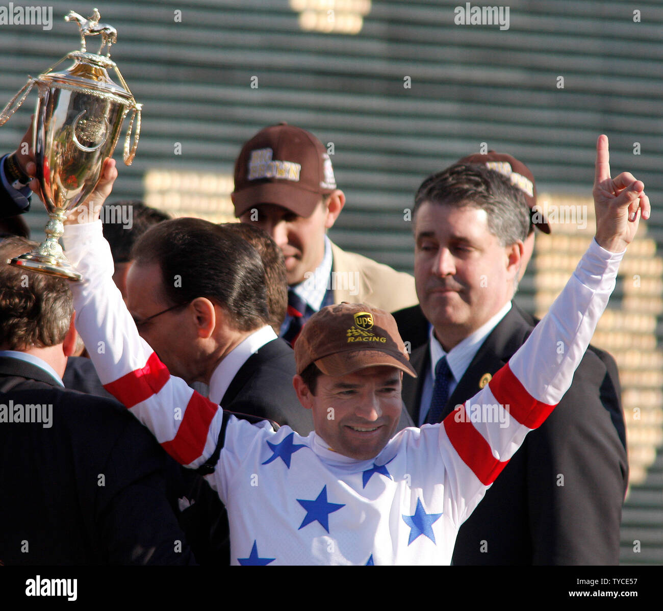 Kent Desormeaux, jockey for Big Brown, celebrates winning the 134th running of the Kentucky Derby at Churchill Downs on May 3, 2008 in Louisville, Kentucky. (UPI Photo/Frank Polich) Stock Photo