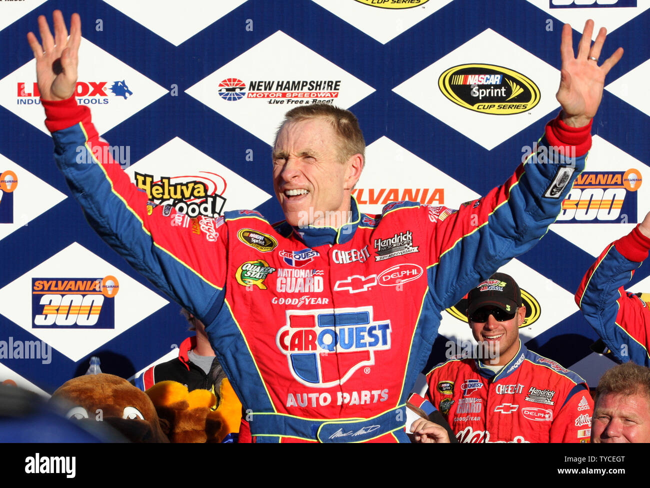 Mark Martin celebrates winning the NASCAR Sprint Cup series Sylvania 300 at New Hampshire Motor Speedway in Loudon, New Hampshire, September 20, 2009.  UPI/Malcolm Hope Stock Photo