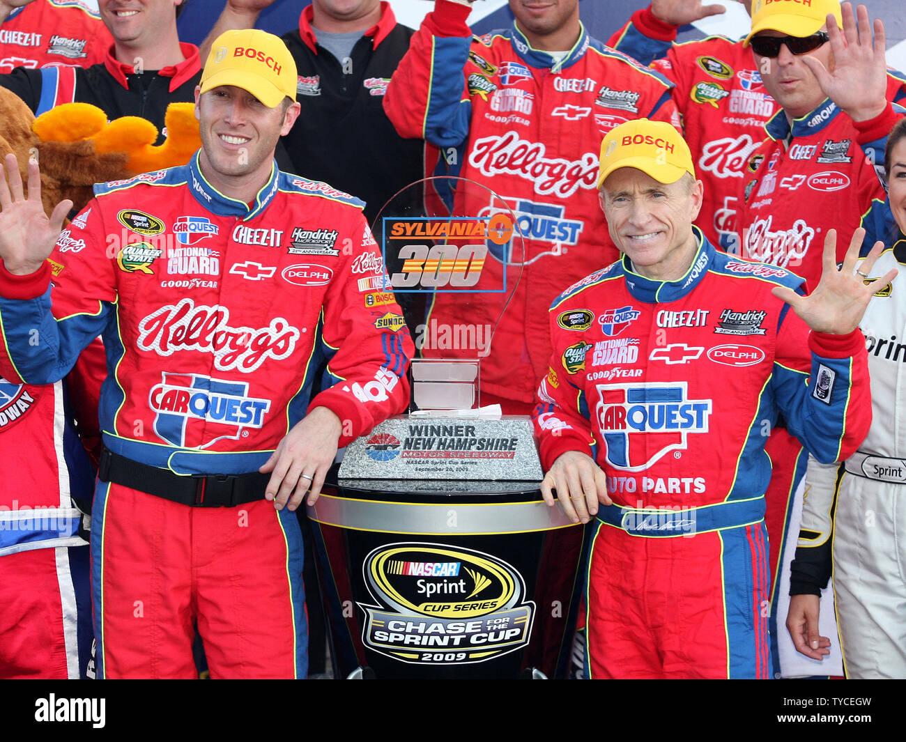 Mark Martin and team celebrate winning the NASCAR Sprint Cup series Sylvania 300 at New Hampshire Motor Speedway in Loudon, New Hampshire, September 20, 2009.  UPI/Malcolm Hope Stock Photo