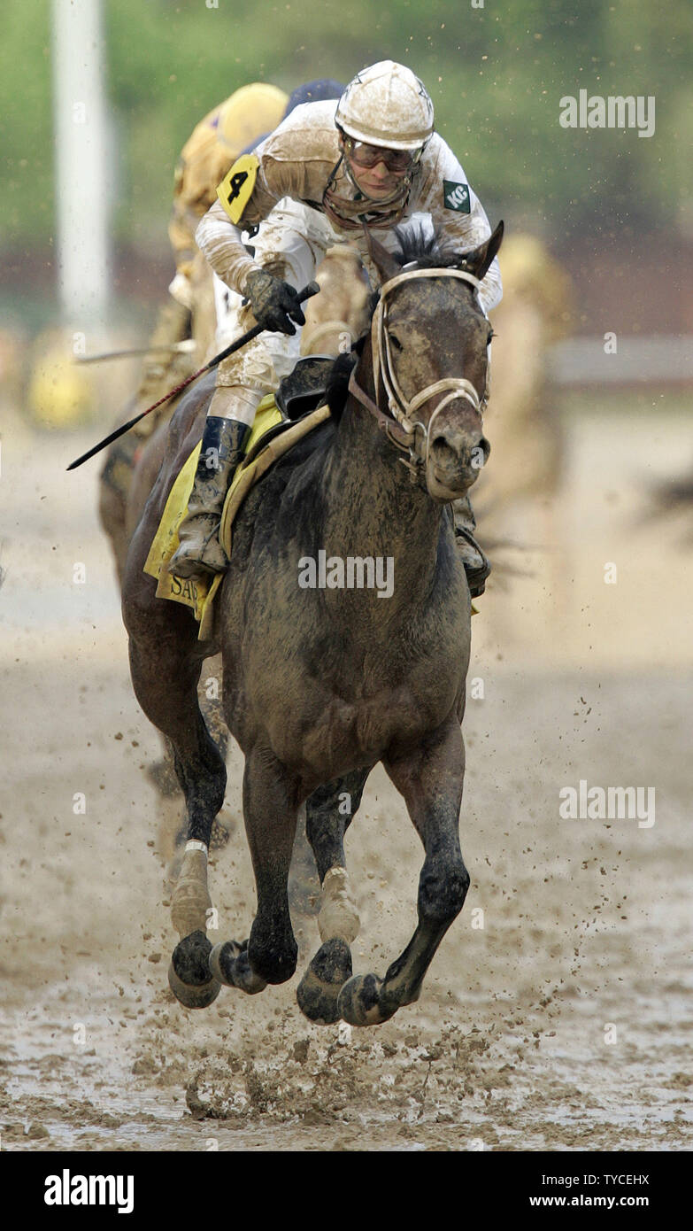 Jockey Calvin Borel riding Super Saver crosses the finish line to win the 136th running of the Kentucky Derby at Churchill Downs in Louisville, Kentucky., on May 1, 2010.  UPI /Mark Cowan Stock Photo
