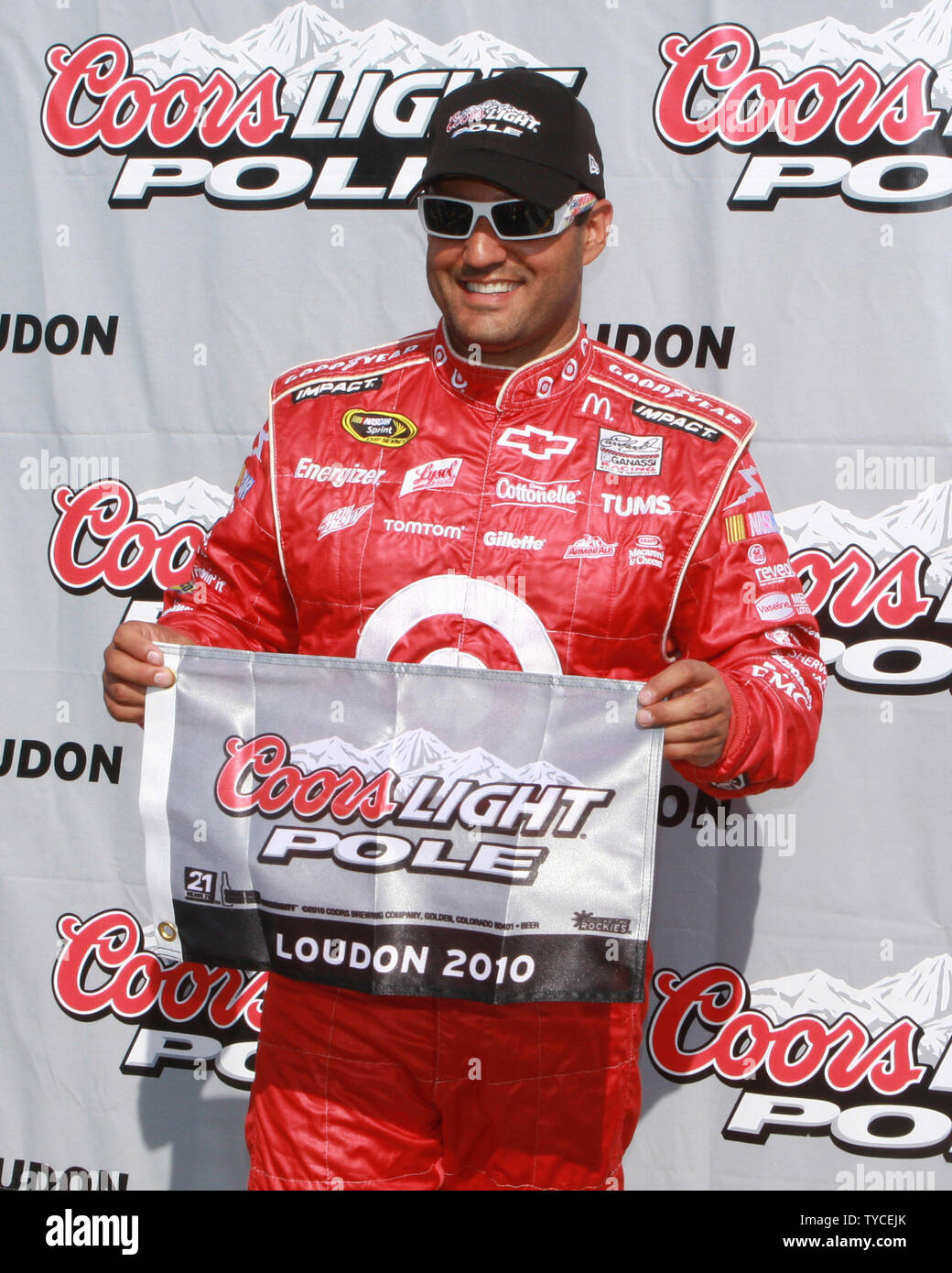 Juan Pablo Montoya celebrates winning the pole award for the NASCAR Sprint Cup Series LENOX Industrial Tools 301 at New Hampshire Motor Speedway in Loudon,New Hampshire on June 25, 2010. UPI Photo/Malcolm Hope Stock Photo