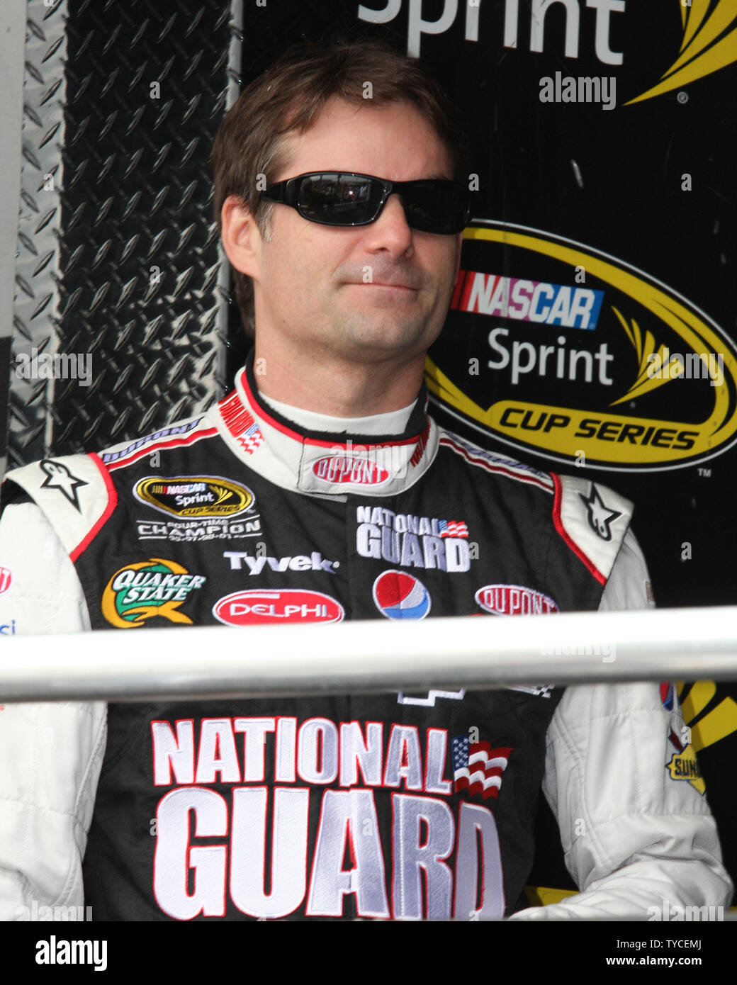 Jeff Gordon waits for driver introductions for the Nascar Sprint Cup Series SYLVANIA 300 Race at New Hampshire Motor Speedway in Loudon, New Hampshire on September 19, 2010 . UPI/Malcolm Hope Stock Photo
