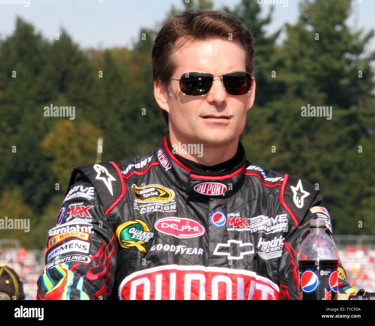 Jeff Gordon during driver introductions before the start of the NASCAR Sprint Cup Series Sylvania 300 at New Hampshire Motor Speedway in Loudon, New Hampshire on September 25, 2011.  UPI/Malcolm Hope Stock Photo