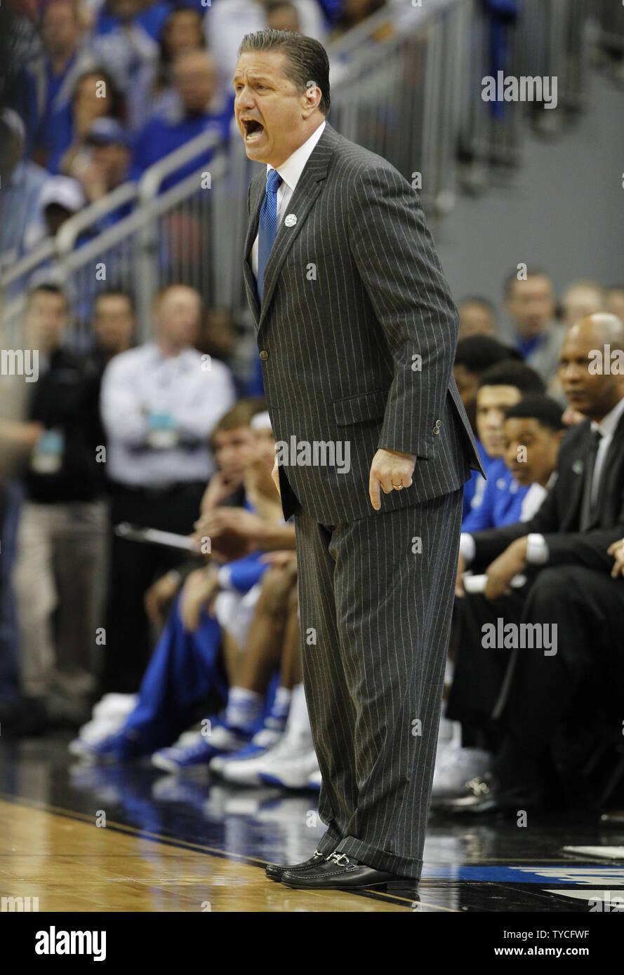 Kentucky Wildcats head coach John Calipari reacts  to his teams play during the second half against the Cincinnati Bearcats in their third round game of the 2015 NCAA Division I Men's Basketball Championship at the KFC Yum! Center in Louisville, Kentucky, March 21, 2015.         Photo by John Sommers II/UPI Stock Photo