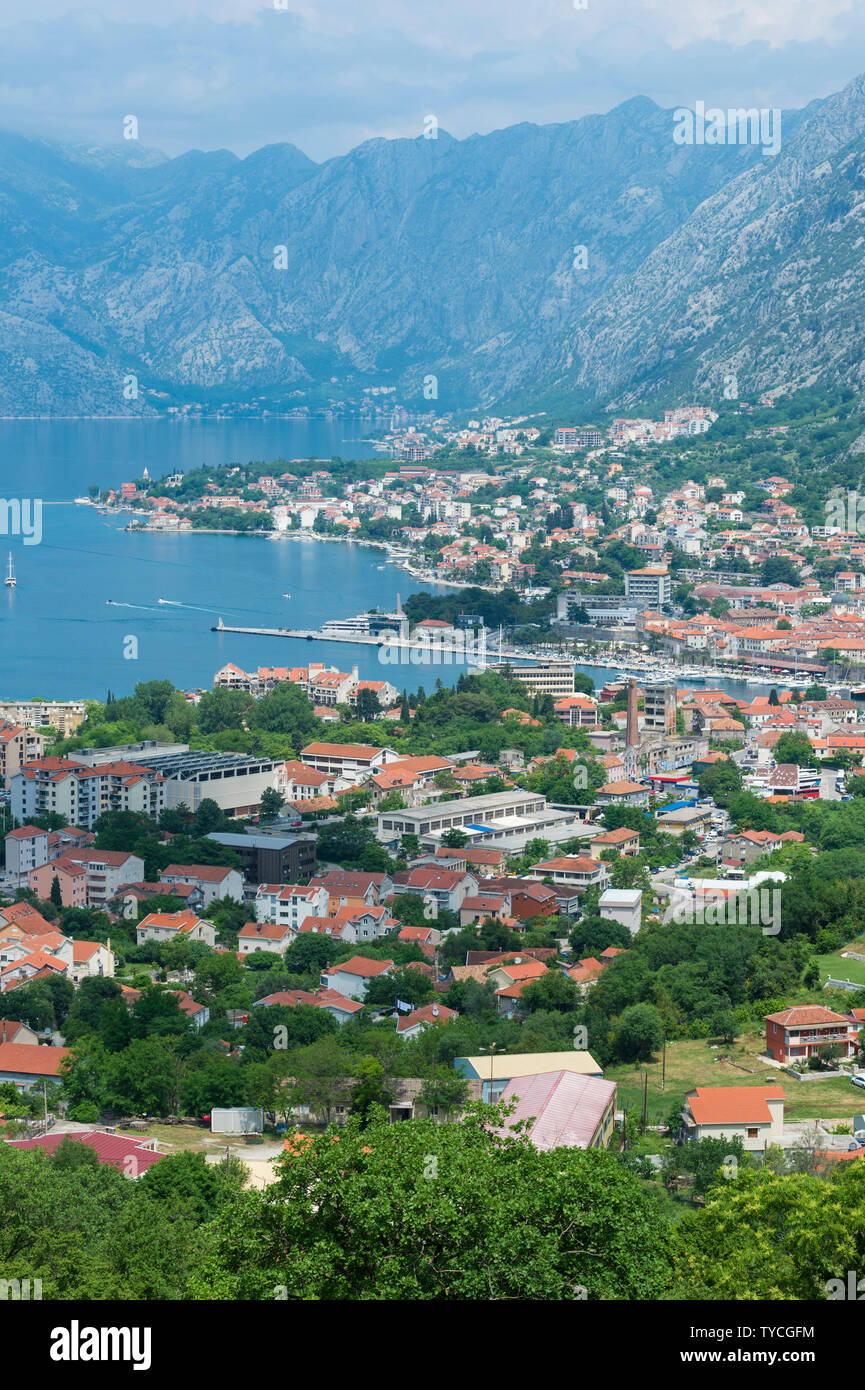 Kotor and Kotor Bay surrounded by mountains, Unesco World Heritage Site, Kotor, Montenegro Stock Photo