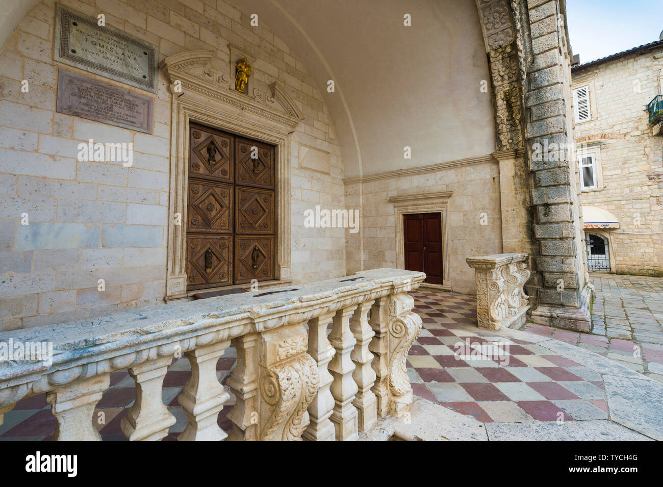 Saint Tryphon Roman Catholic Cathedral, Porch, Unesco World Heritage Site, Kotor, Montenegro Stock Photo