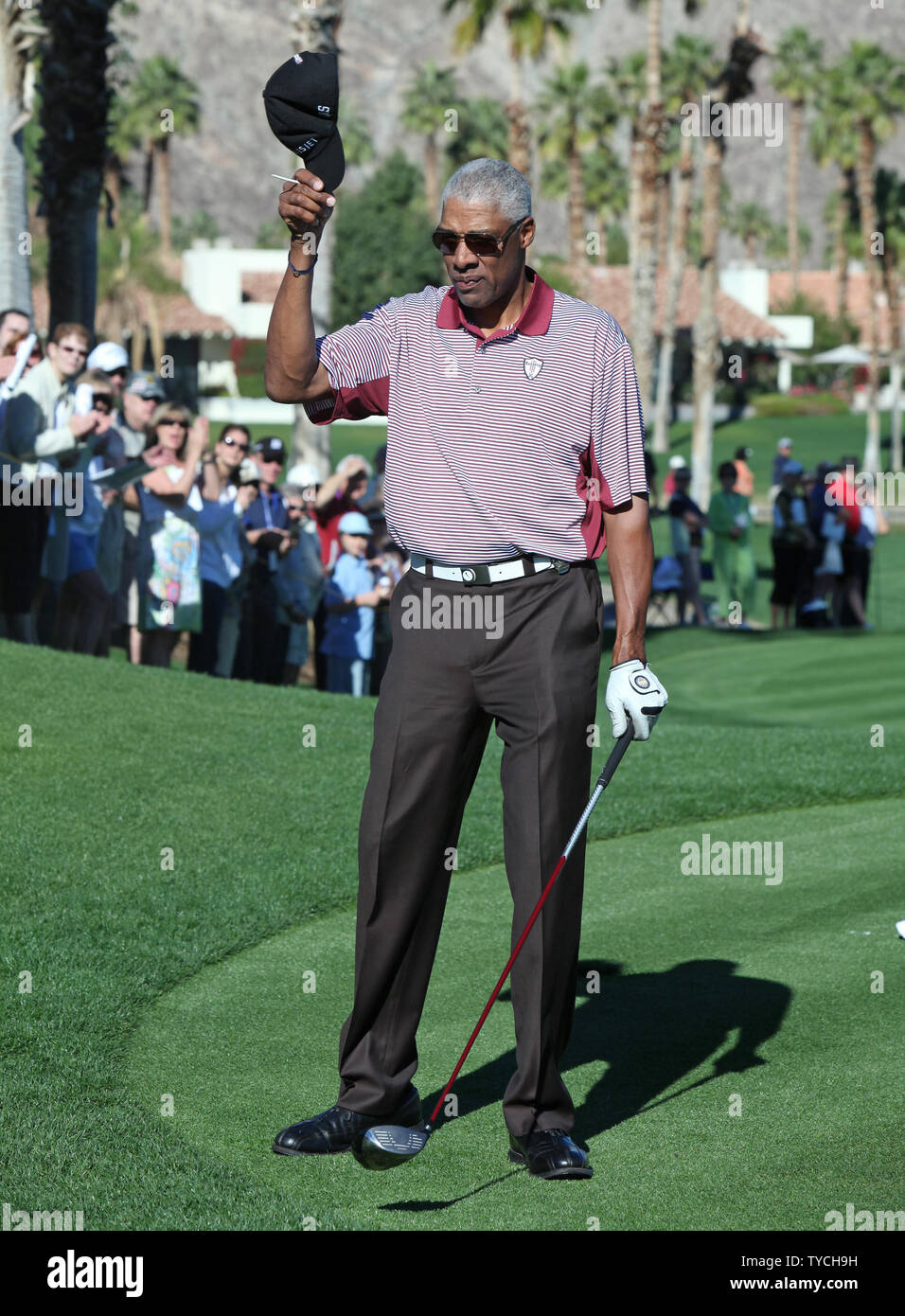 Former Nba Great Julius Dr J Erving Acknowledges The Crowd At The First Tee During The Bob Hope Chrysler Classic At Pga West In La Quinta California On January 22 11 The Former Nba Great Julius Dr J Erving Acknowledges The Crowd At The First Tee During The Bob Hope Chrysler Classic At Pga West In La Quinta California On January 22 11 The