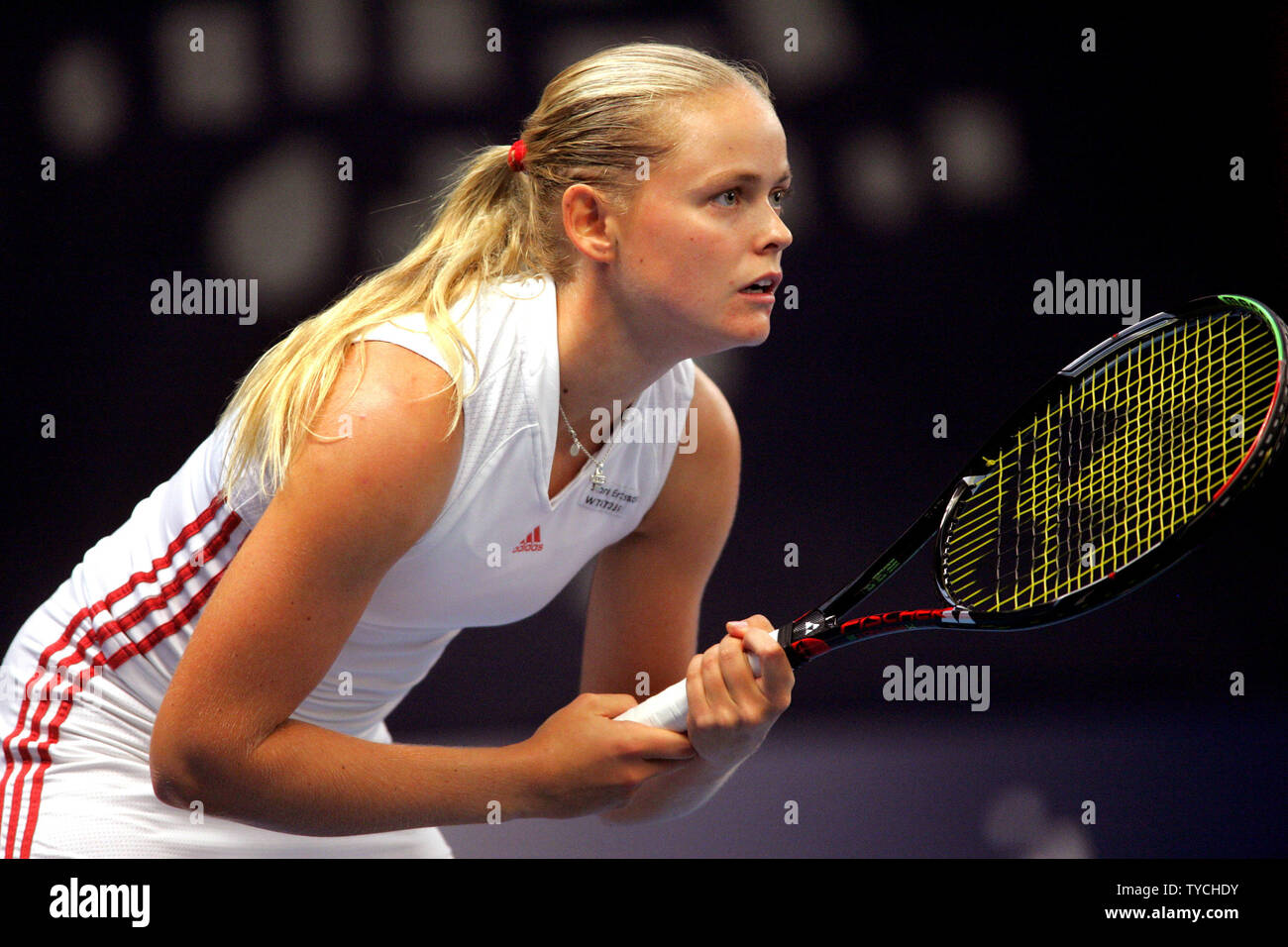 German tennis star Anna-Lena Groenefeld, 23rd ranked on WTA Tour, waits serve during semifinal win over Dinara Safina of Russia (6-4, 5-7, 6-4) at Fortis Championships WTA women's tennis tournament ($585,000 Tier II) at Luxembourg on October 1, 2005.  (UPI Photo/Tom Theobald) Stock Photo