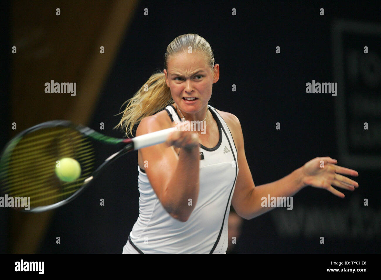 Anna-lena Groenefeld of Germany forehand returns to Kim Clijsters of Belgium.  Clijsters won singles final 6-2, 6-4 at Fortis Championships WTA women's tennis tournament ($585,000 Tier II) in Luxembourg on October 2, 2005.  (UPI Photo/Tom Theobald) Stock Photo