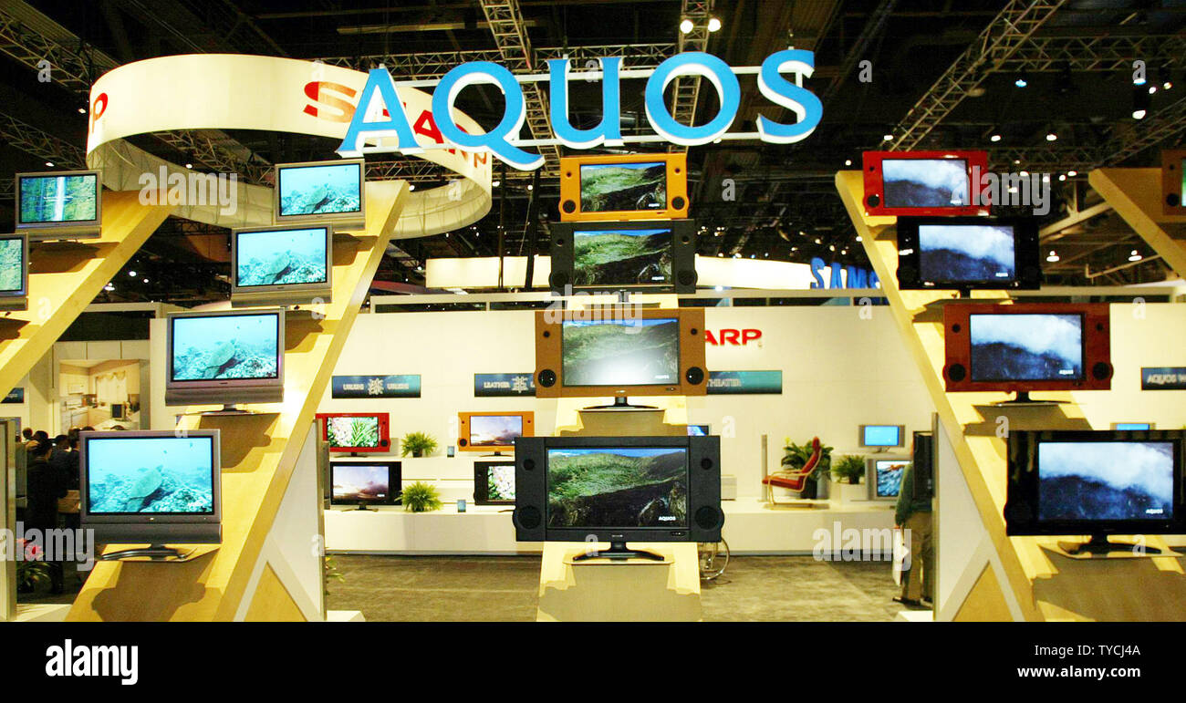 Sharp demonstrates their Aquos LCD TV lineup at Consumer Electronics Electronics Show 2004 at the Las Vegas Convention Center January 10, 2004. (UPI Photo/Roger Williams) Stock Photo