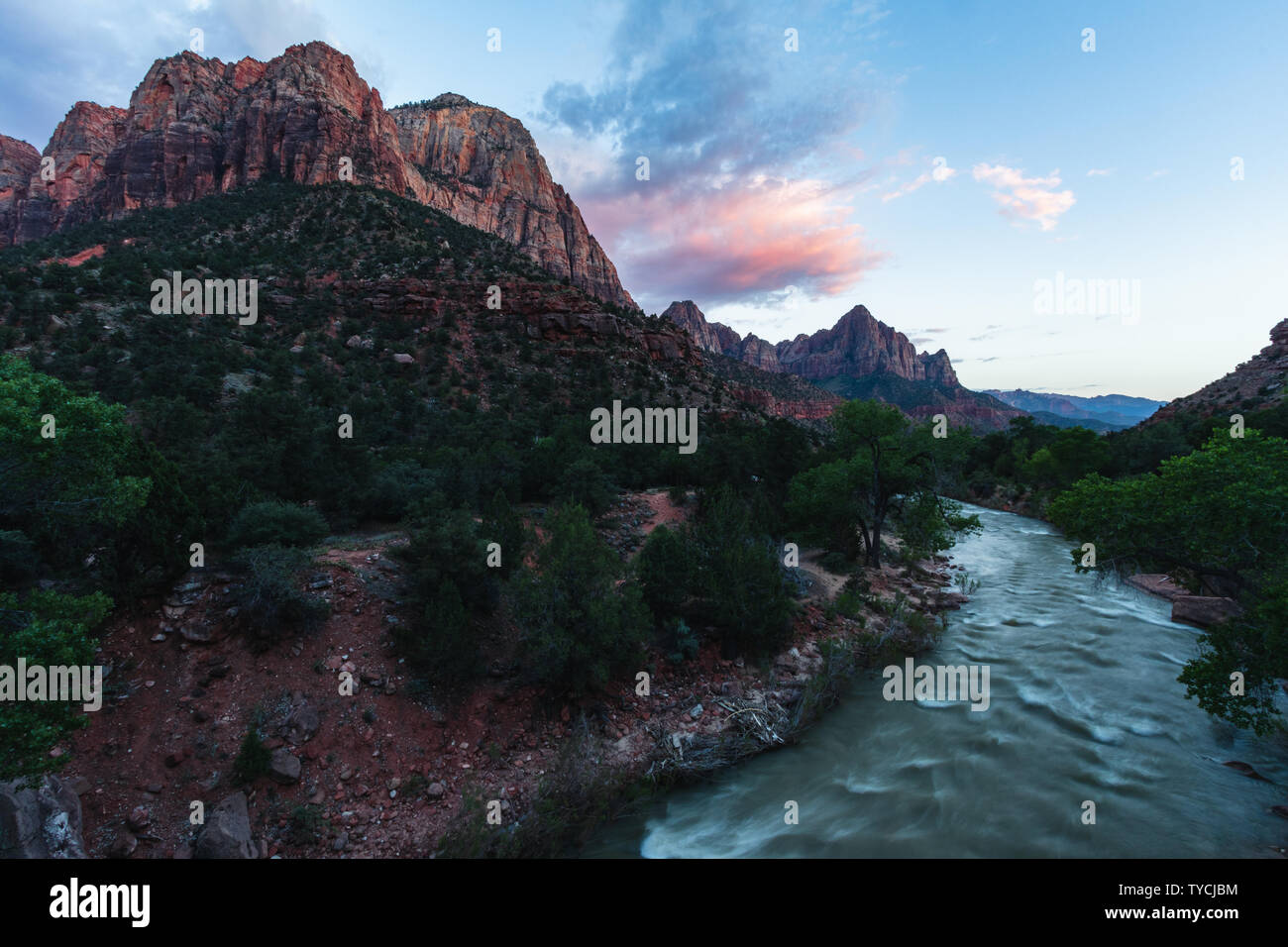 Zion National Park is one of the most beautiful parks in the US, Utah. Canyon Overlook Trail offers beautiful views, sunrises or sunsets make it even Stock Photo