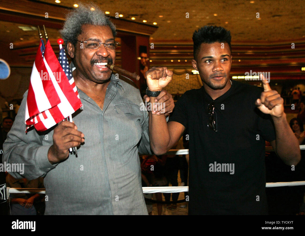 Middleweight fighter Tito Trinidad of Puerto Rico and promoter Don King arrive at MGM Grand in Las Vegas on May 8, 2005, for Titos fight with Winky Wright May 14, 2005.  (UPI Photo/Roger Williams) Stock Photo